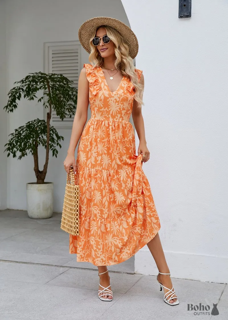 Boho Casual V-neck Floral Sleeveless Midi Dress Zoe