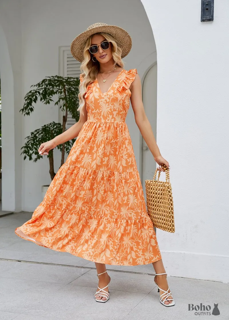 Boho Casual V-neck Floral Sleeveless Midi Dress Zoe