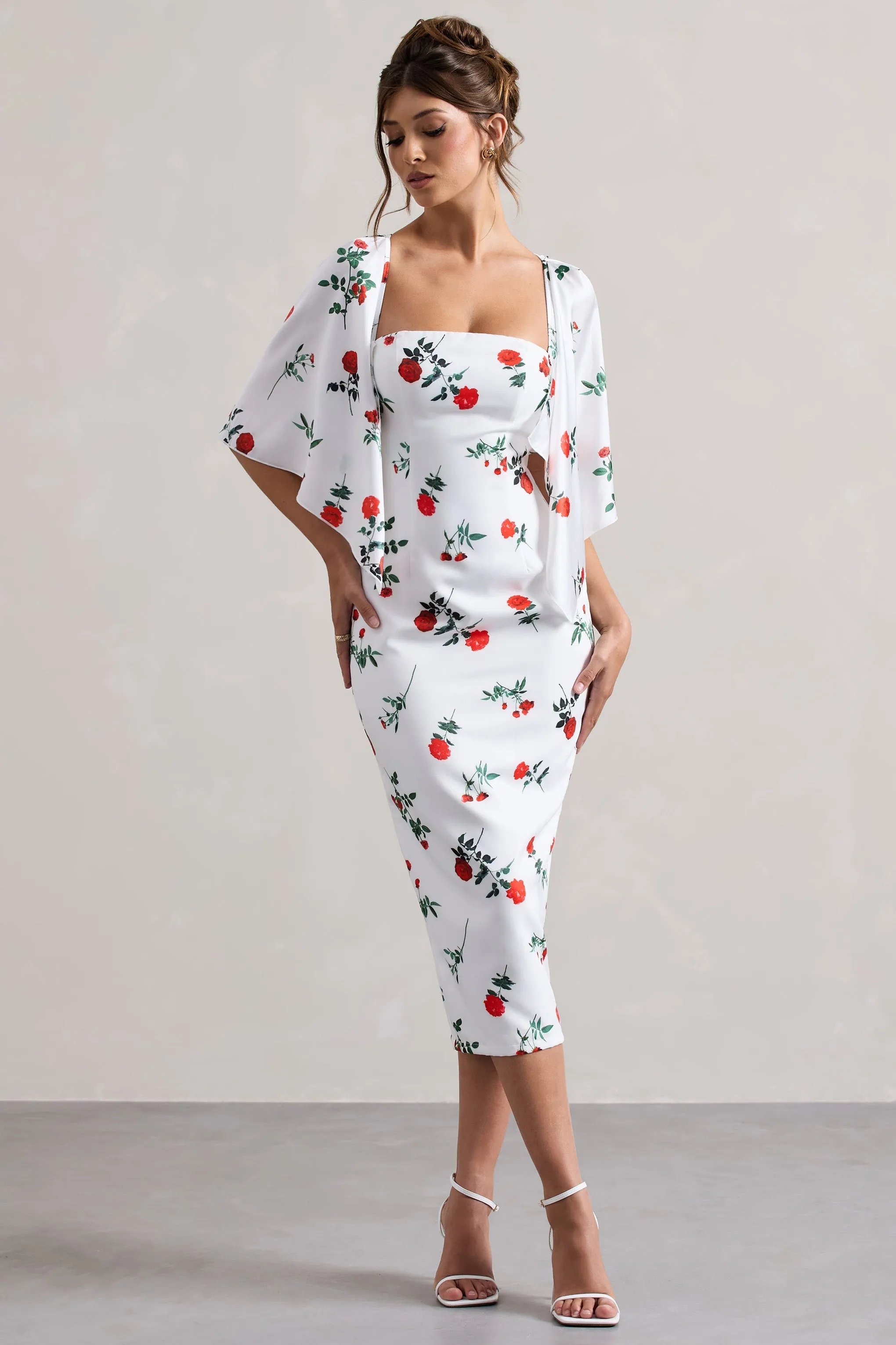 Bonita | Rose Print Cape-Sleeve Midi Dress