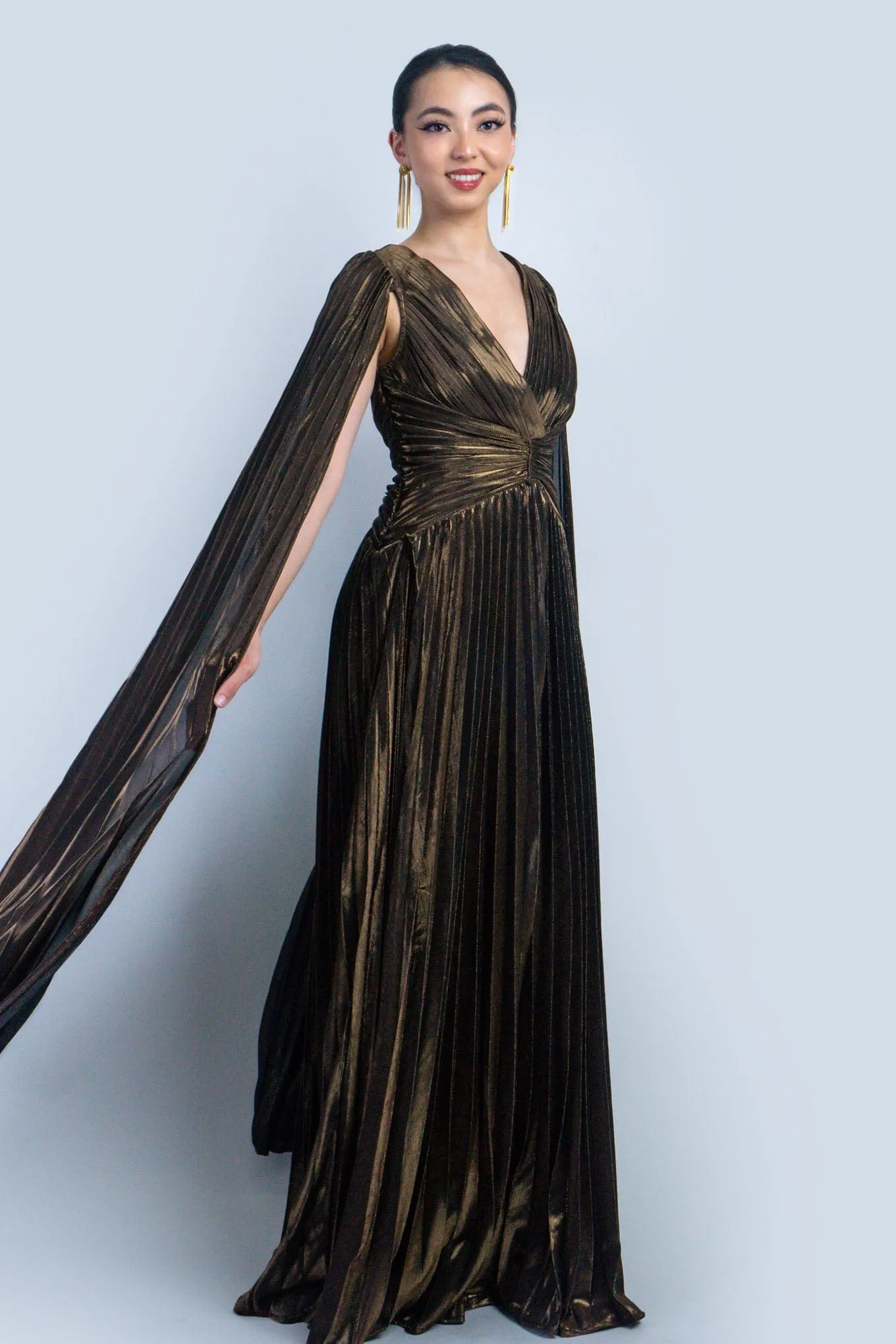 Bronze V-Neck Cape Sleeves Pleated Gown