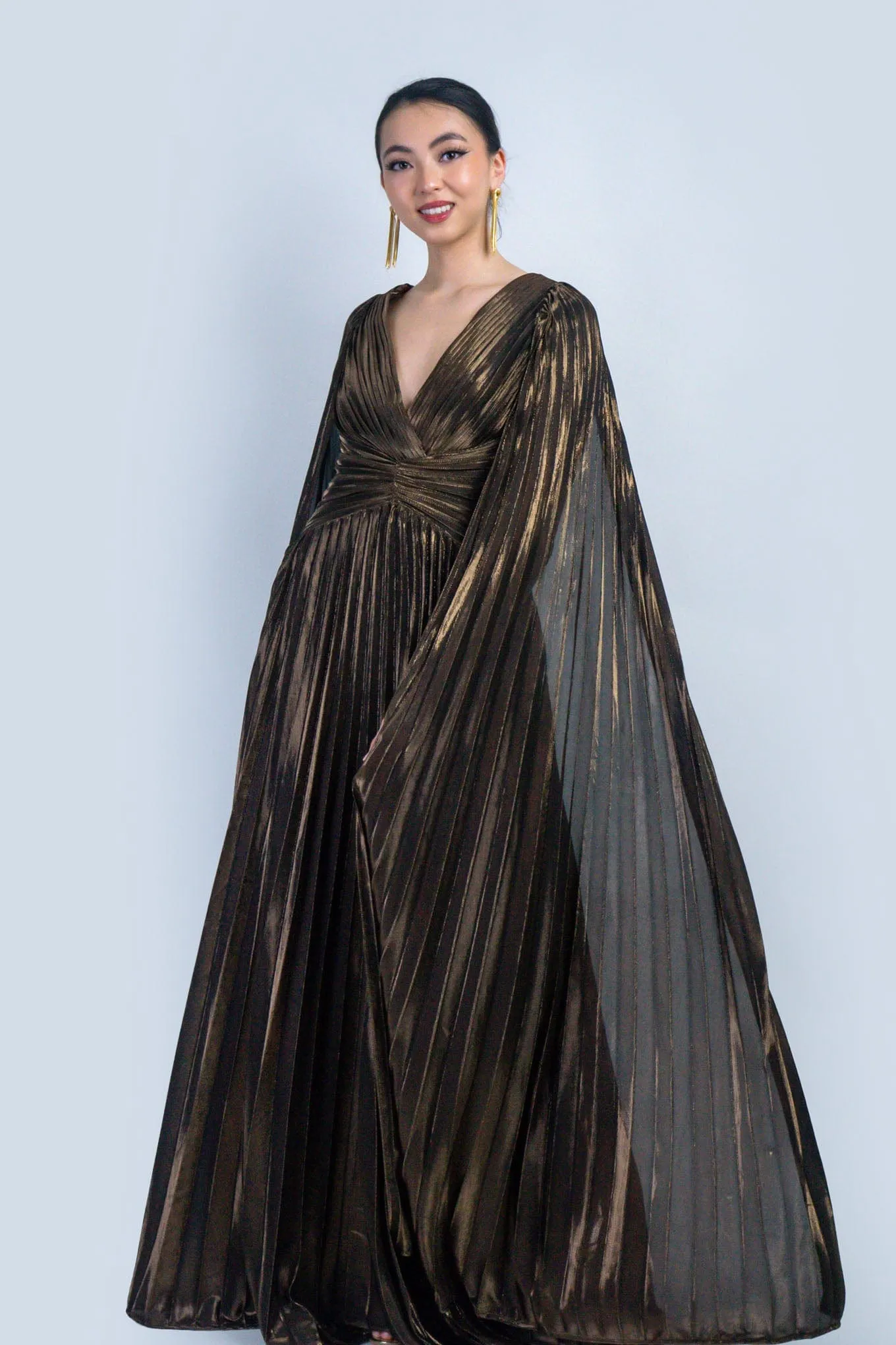 Bronze V-Neck Cape Sleeves Pleated Gown