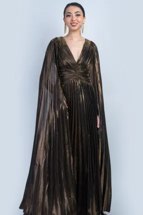 Bronze V-Neck Cape Sleeves Pleated Gown