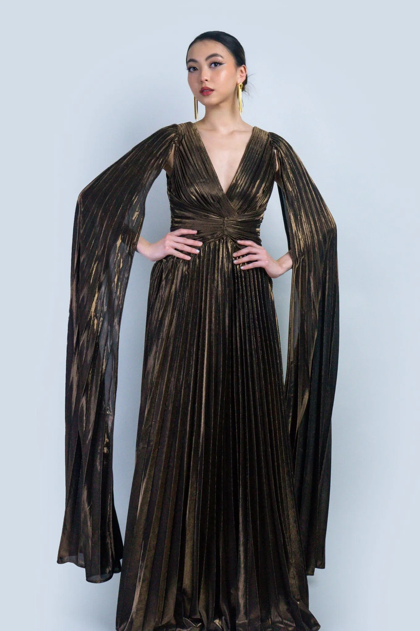 Bronze V-Neck Cape Sleeves Pleated Gown