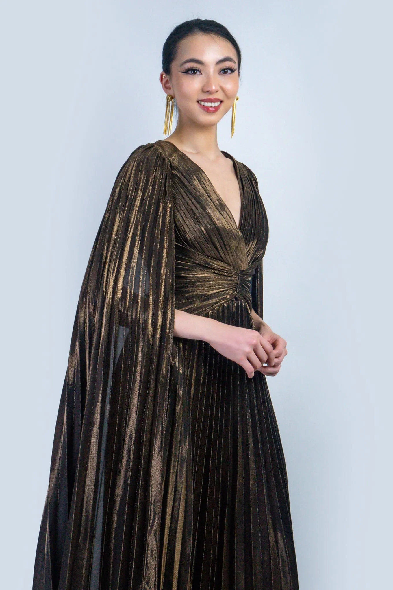 Bronze V-Neck Cape Sleeves Pleated Gown