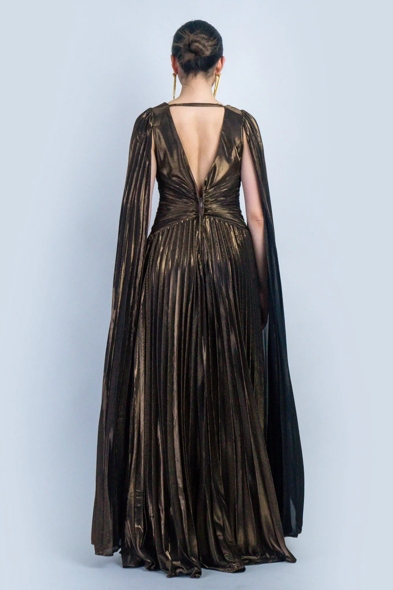 Bronze V-Neck Cape Sleeves Pleated Gown