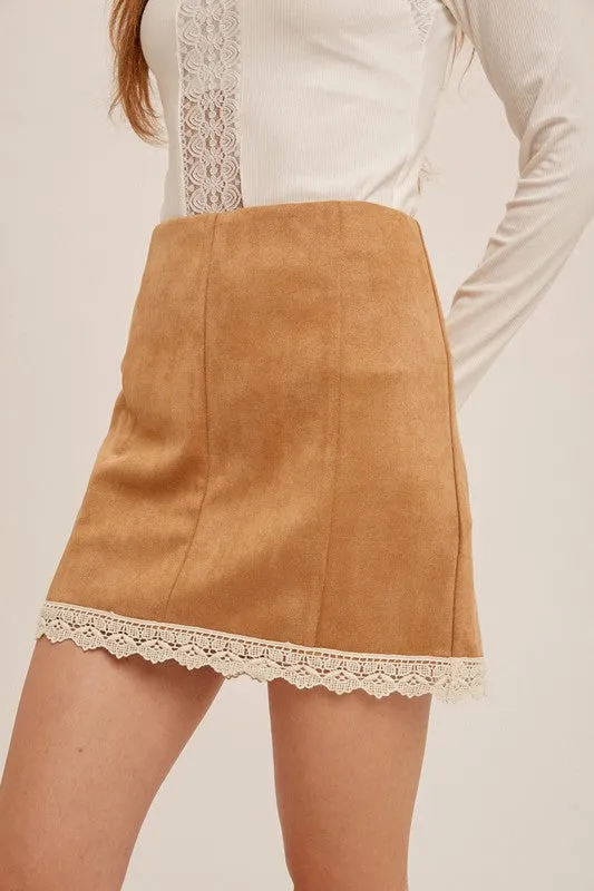 Camel Crochet Trimmed Suede Mini Skirt