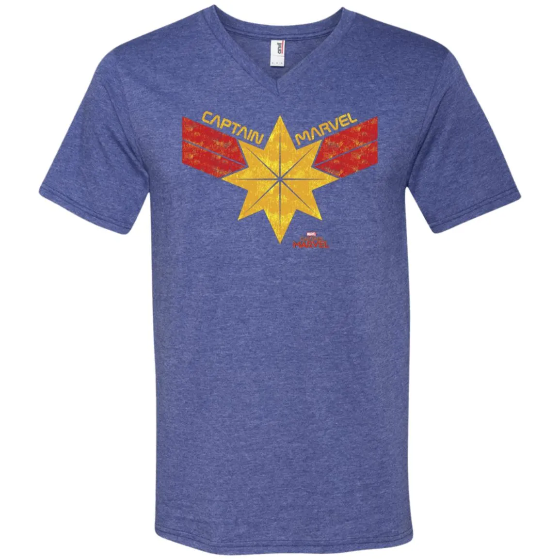 Captain Marvel Distressed Star Ribbon Logo Men V-Neck T-Shirt