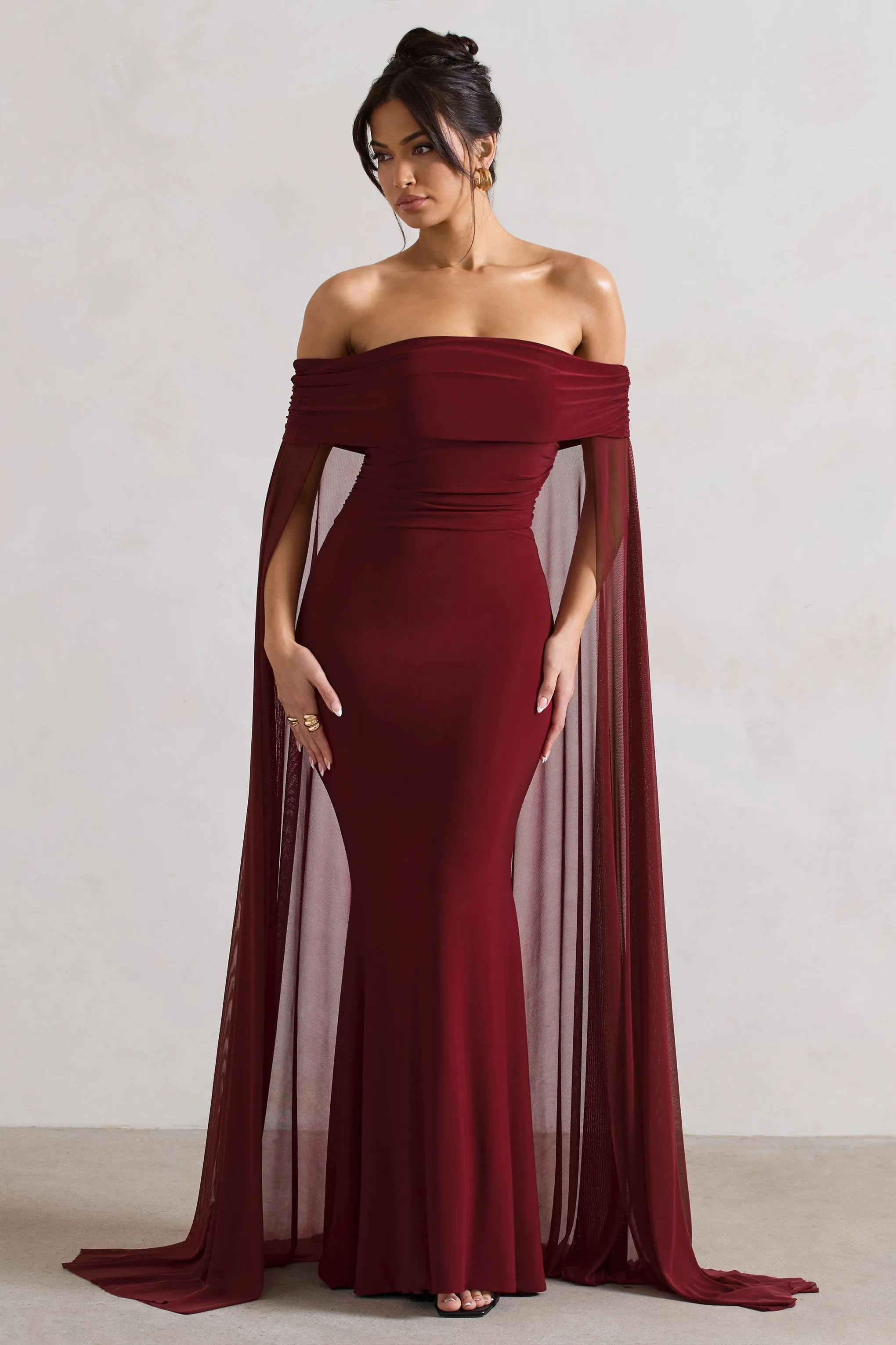 Carlotta | Berry Bardot Maxi Dress With Chiffon Cape