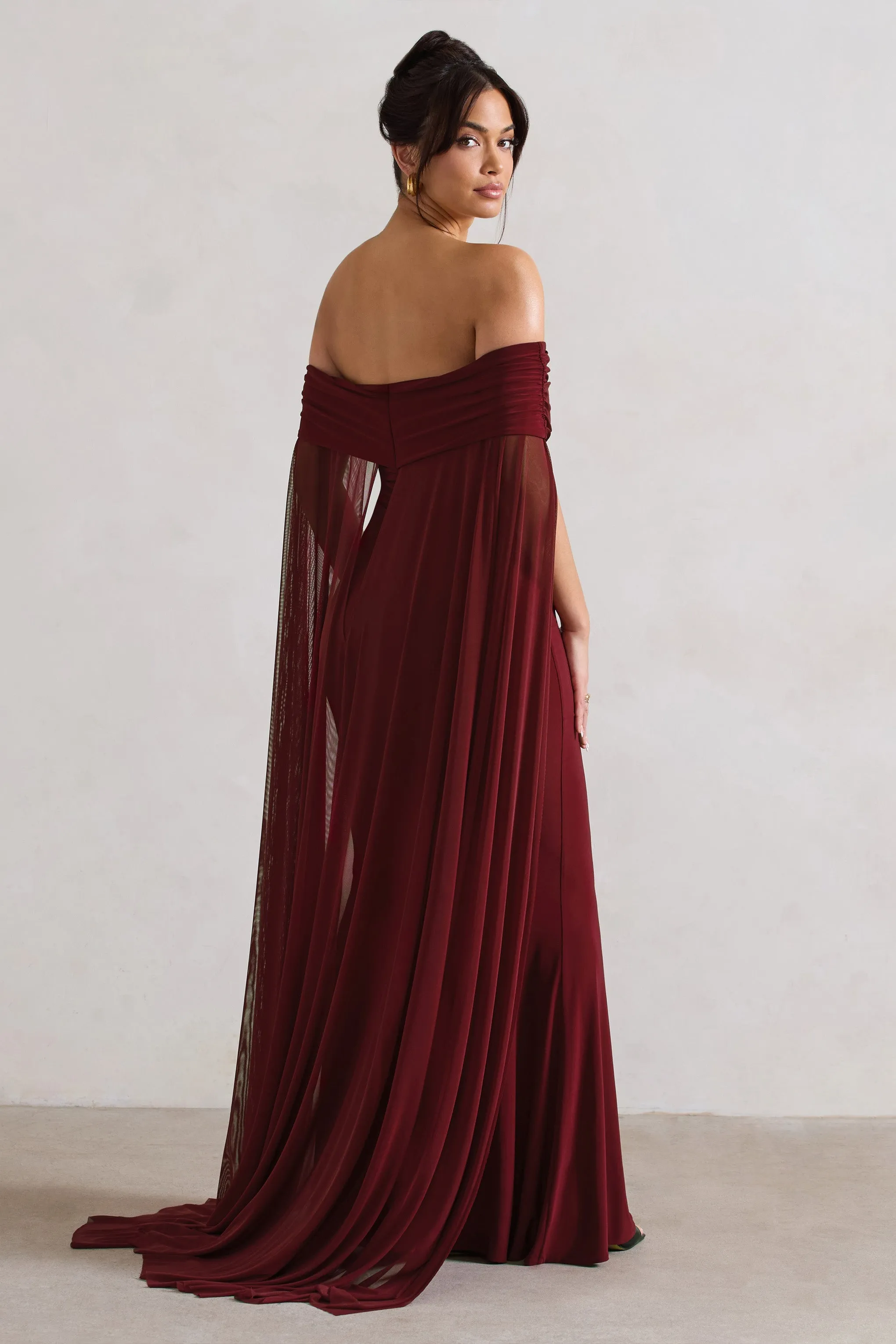 Carlotta | Berry Bardot Maxi Dress With Chiffon Cape