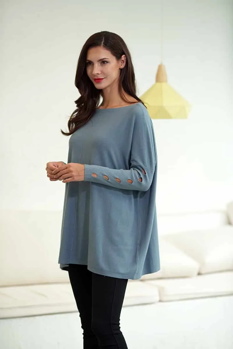 Cashmere Feel Boat Neck Tunic Top With Sleeve Detail