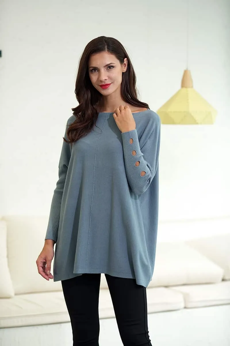 Cashmere Feel Boat Neck Tunic Top With Sleeve Detail