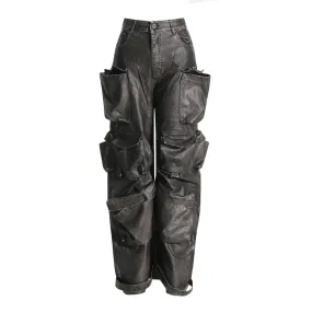 Casual Fashion Patchwork Pockets Leather Trousers For Women High Waist Spliced Button Loose Straight Cargo Pants Female