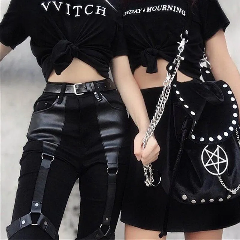 Casual Gothic Pants Women Halloween Sexy Leather Blet Patchwork Mid Cargo Pants Black Full Length Trousers