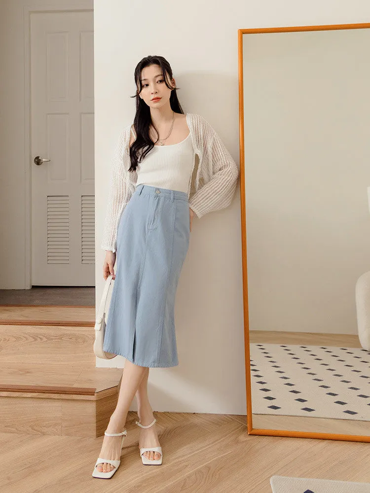 Casual Long Open Slit Cotton Fishtail Midi Skirt