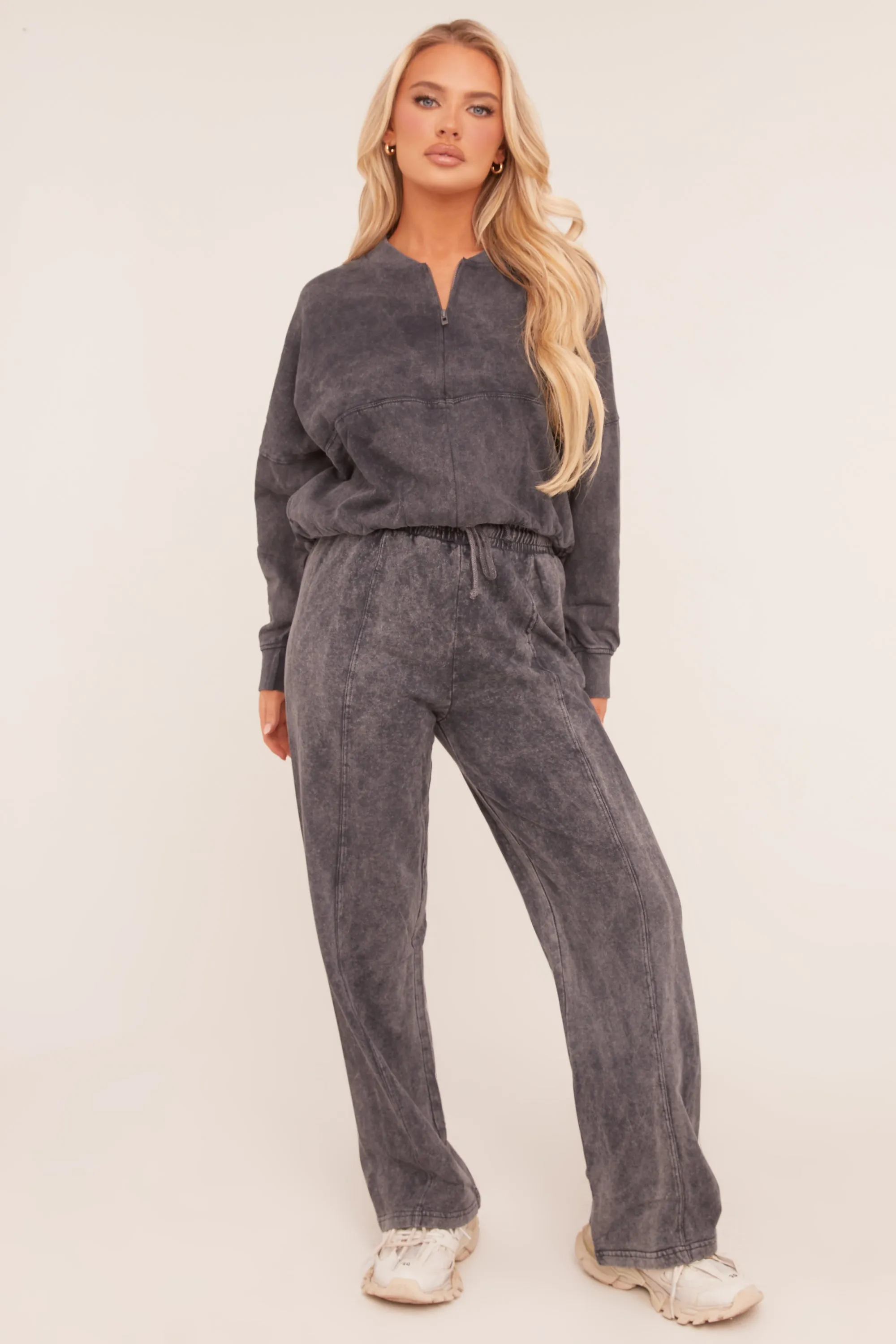 Charcoal Washed Effect Zip Front Bomber & Joggers Loungewear Co-ord Set - Kamila