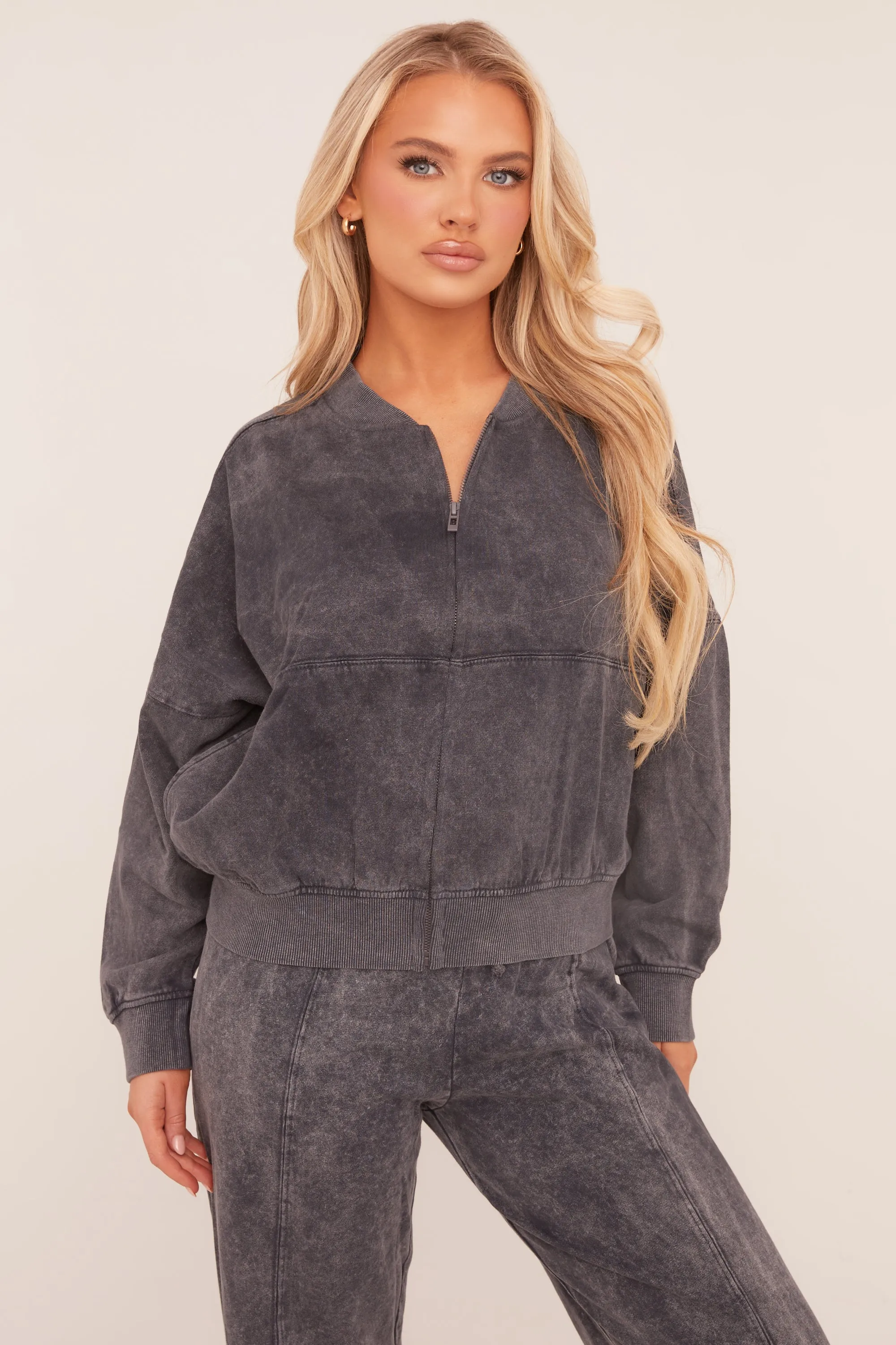 Charcoal Washed Effect Zip Front Bomber & Joggers Loungewear Co-ord Set - Kamila