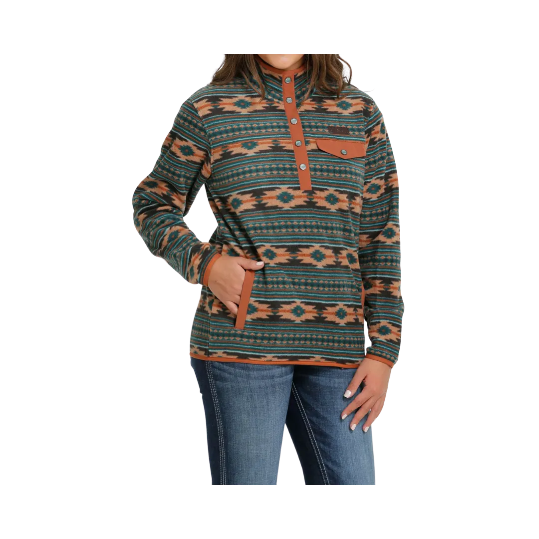 Cinch Women's Green Aztec Print Polar Fleece Pullover Sweater