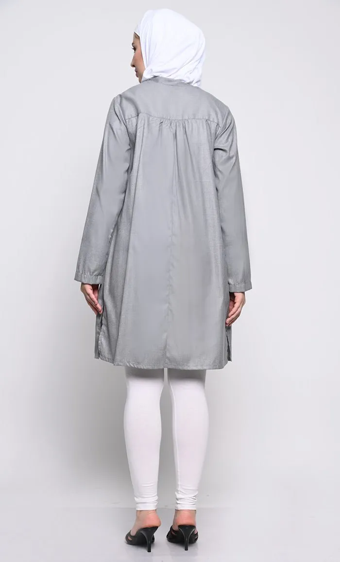 Classic Polyester Poplin Tunic with Full-Length Button Opening