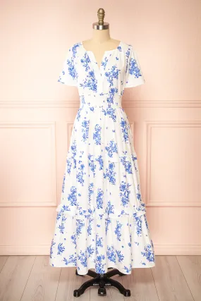 Claudia | White Maxi Dress w/ Blue Floral Pattern