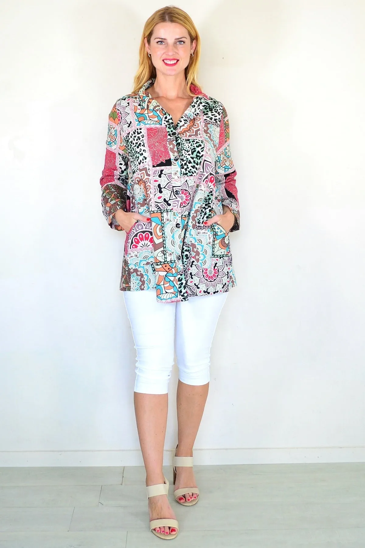 Coffee Print High Collar Tunic Shirt