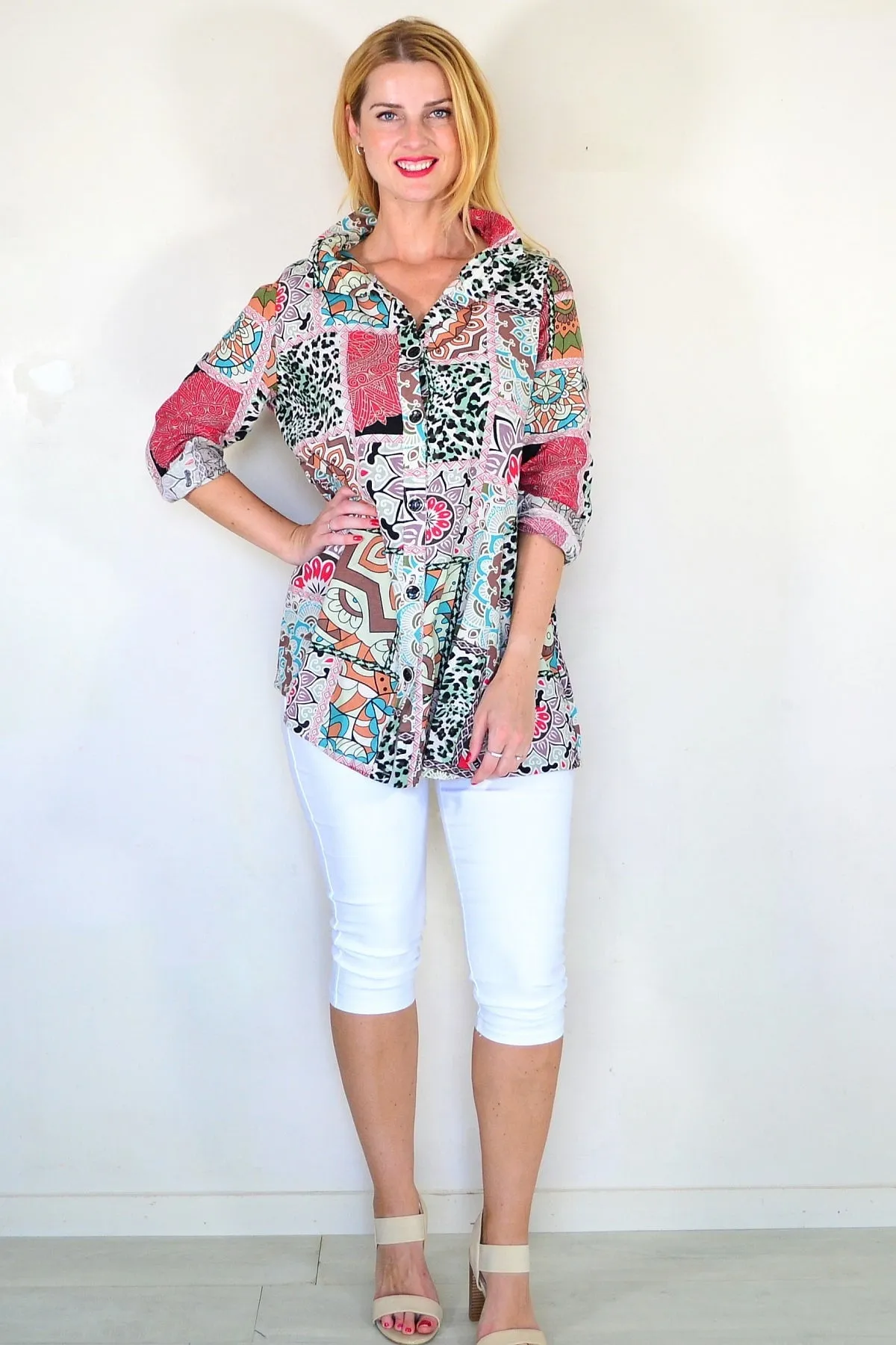 Coffee Print High Collar Tunic Shirt