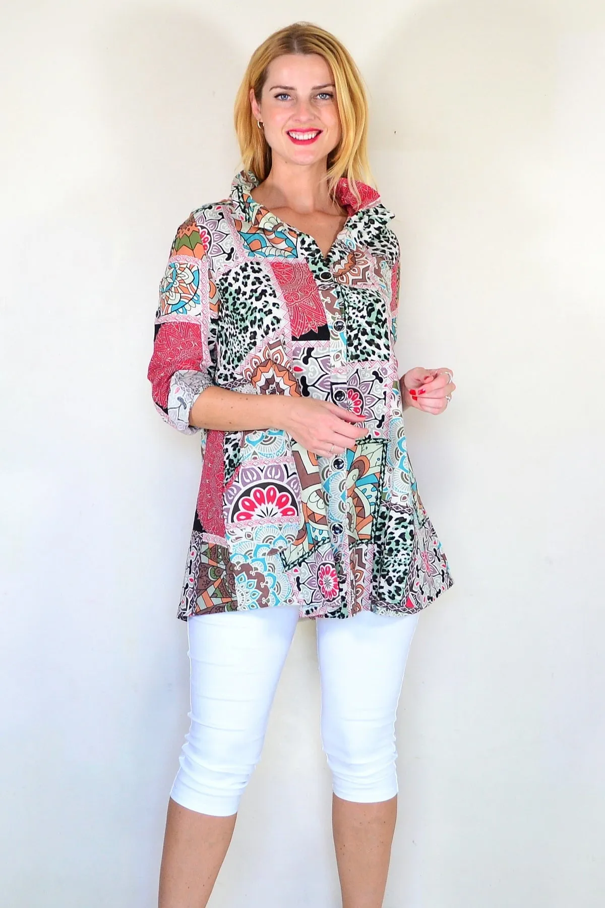 Coffee Print High Collar Tunic Shirt