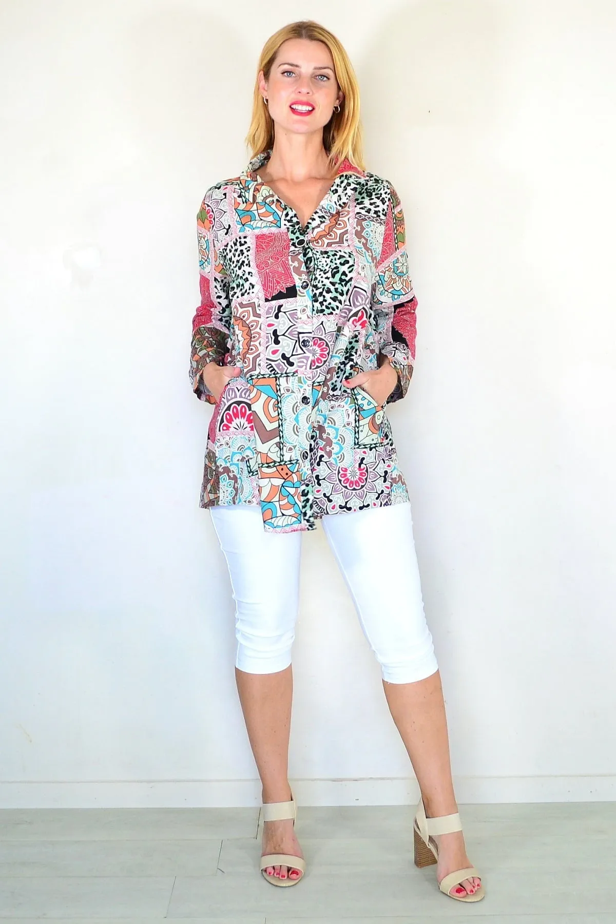 Coffee Print High Collar Tunic Shirt