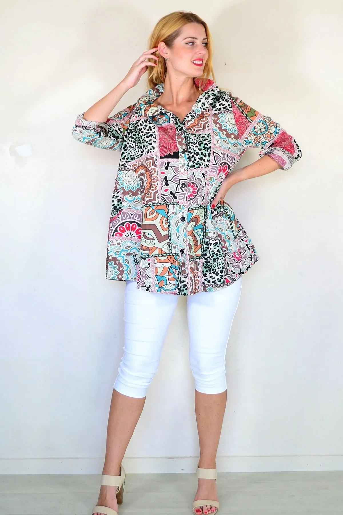 Coffee Print High Collar Tunic Shirt