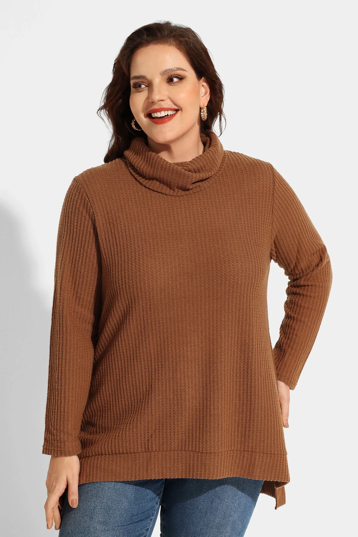 Cowl Neck Split Hem Tunic Long Sleeve Shirt