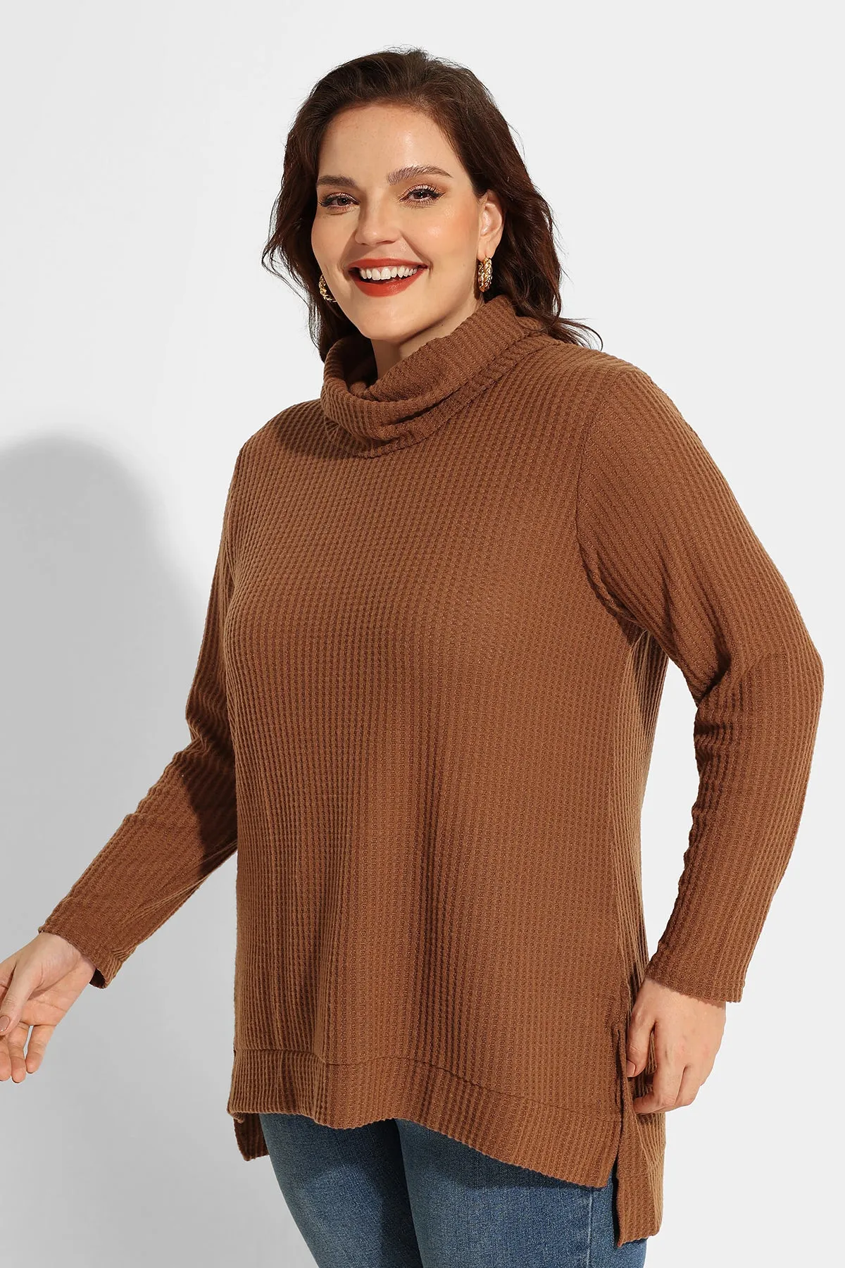 Cowl Neck Split Hem Tunic Long Sleeve Shirt