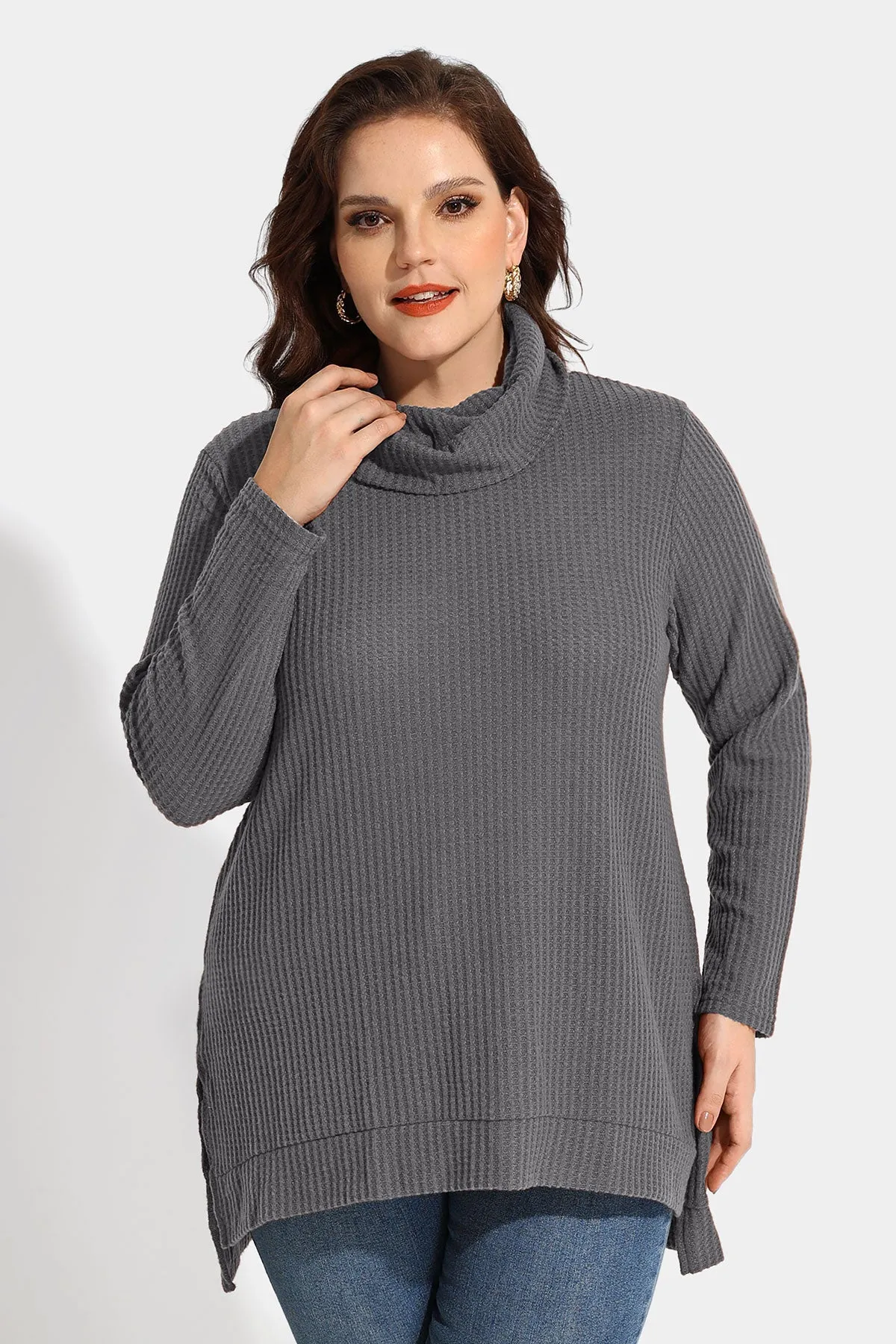 Cowl Neck Split Hem Tunic Long Sleeve Shirt