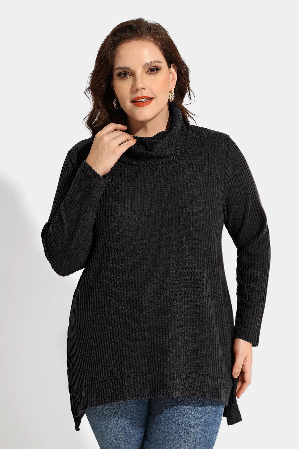 Cowl Neck Split Hem Tunic Long Sleeve Shirt