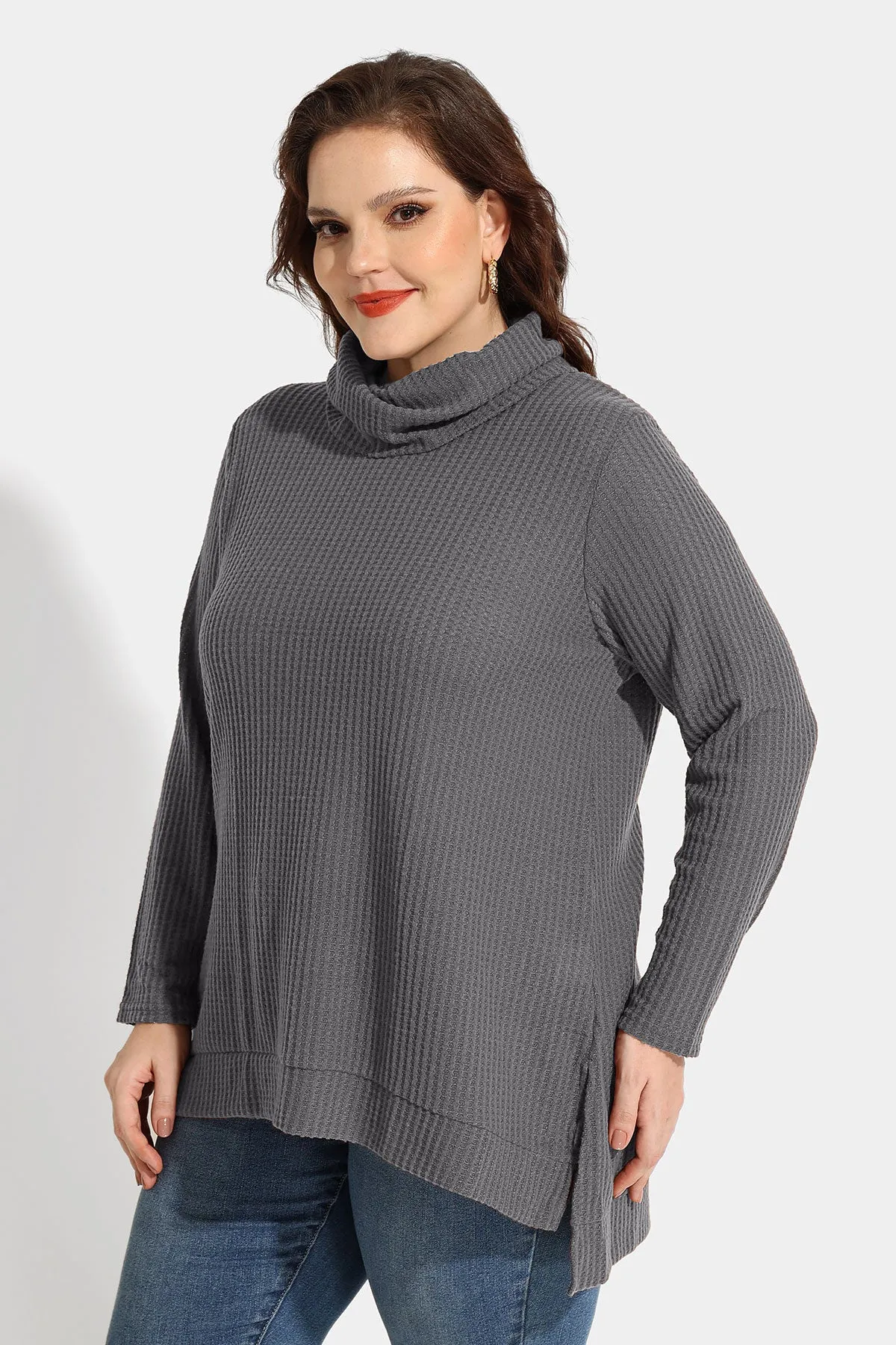 Cowl Neck Split Hem Tunic Long Sleeve Shirt