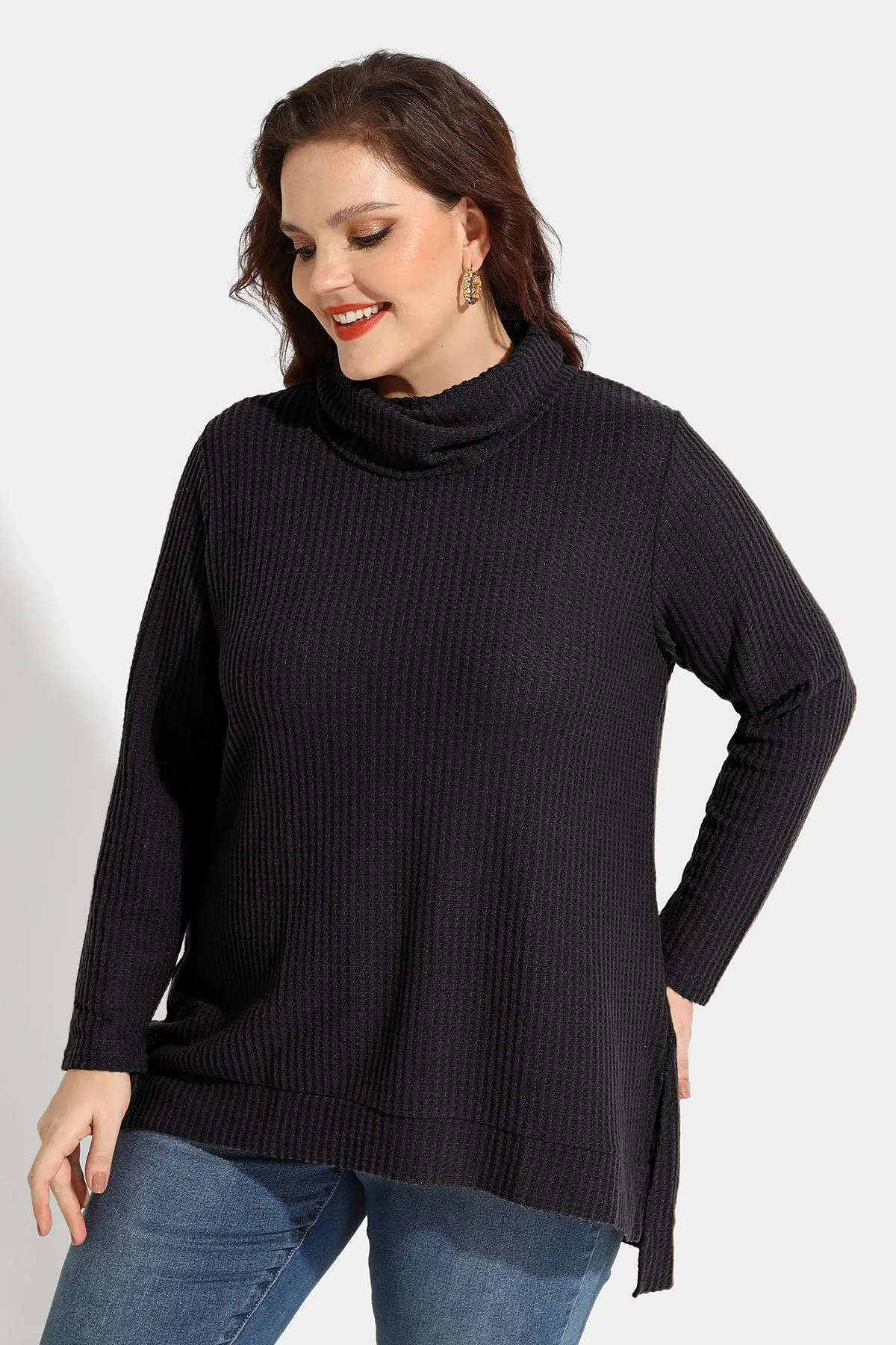 Cowl Neck Split Hem Tunic Long Sleeve Shirt