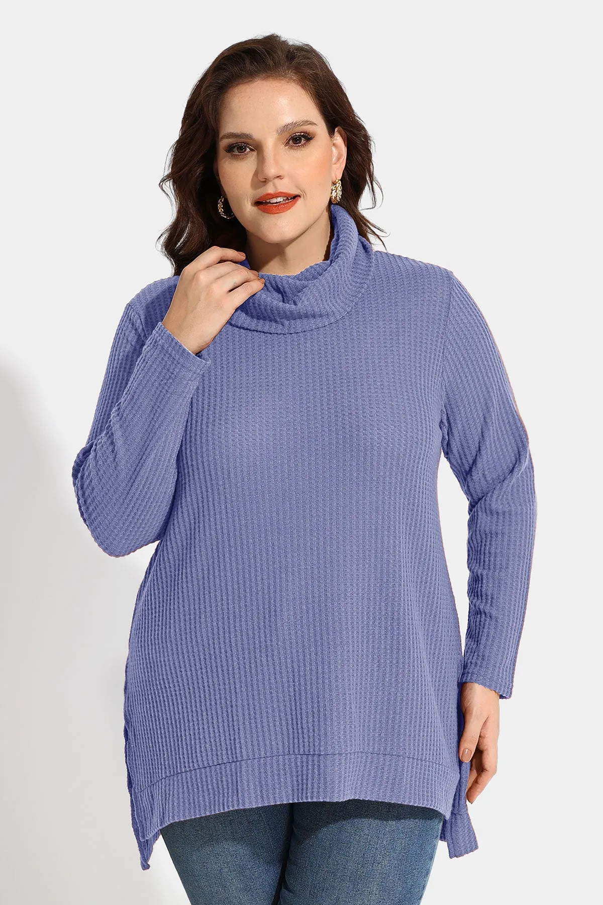 Cowl Neck Split Hem Tunic Long Sleeve Shirt