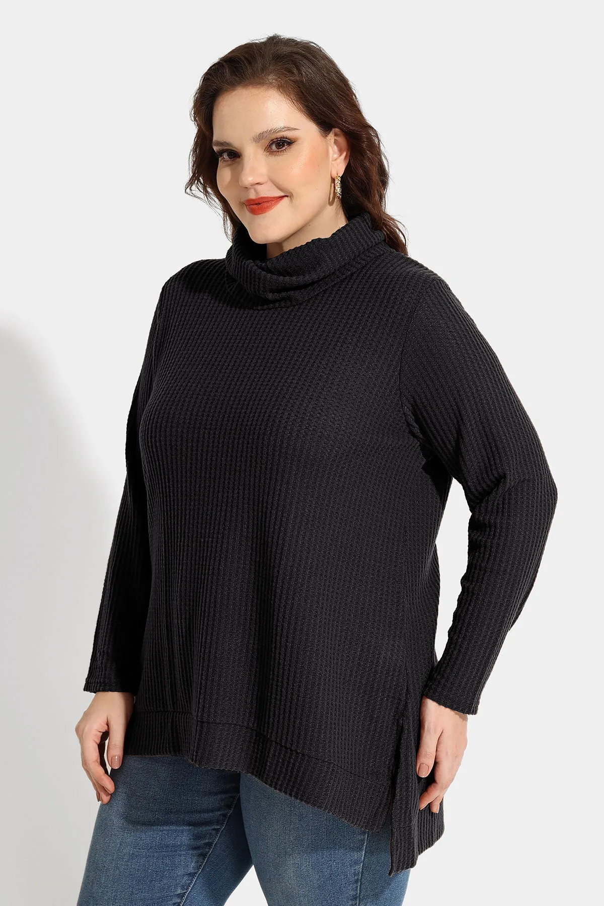 Cowl Neck Split Hem Tunic Long Sleeve Shirt