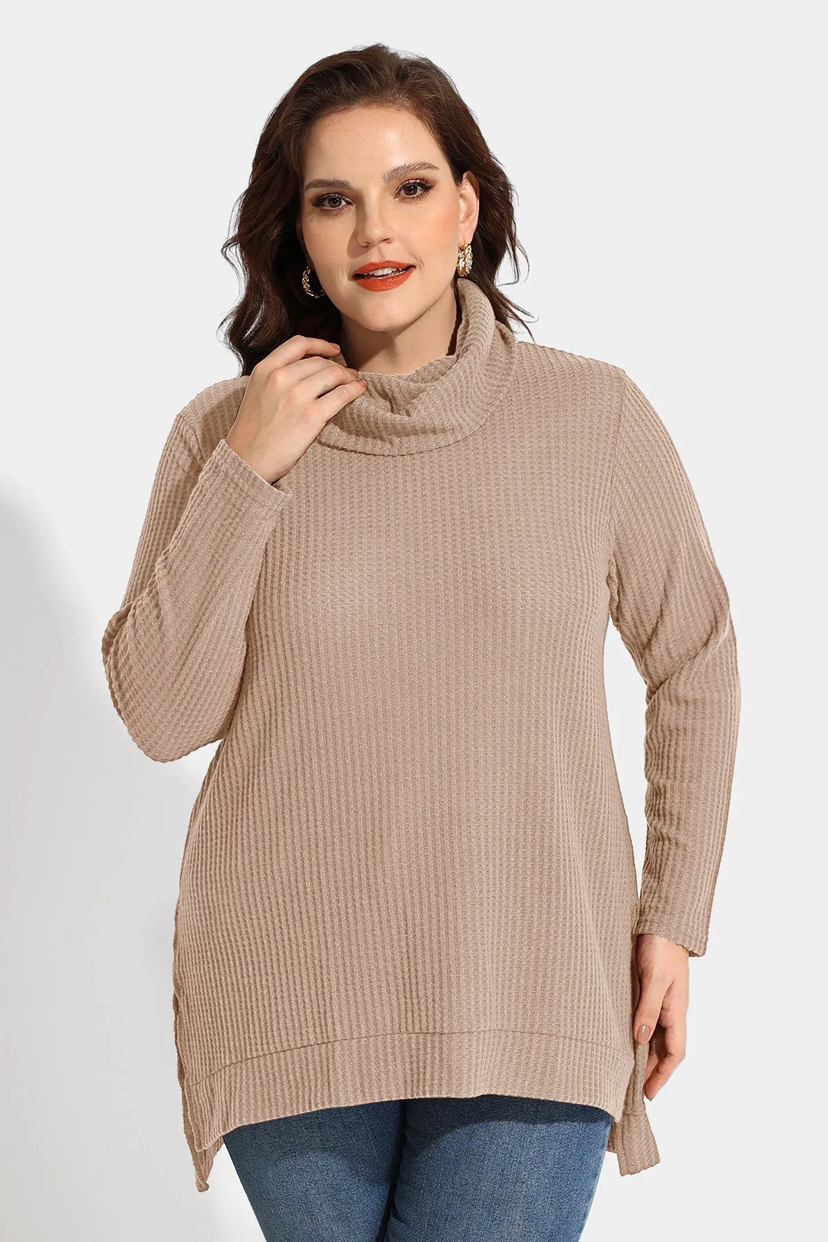 Cowl Neck Split Hem Tunic Long Sleeve Shirt