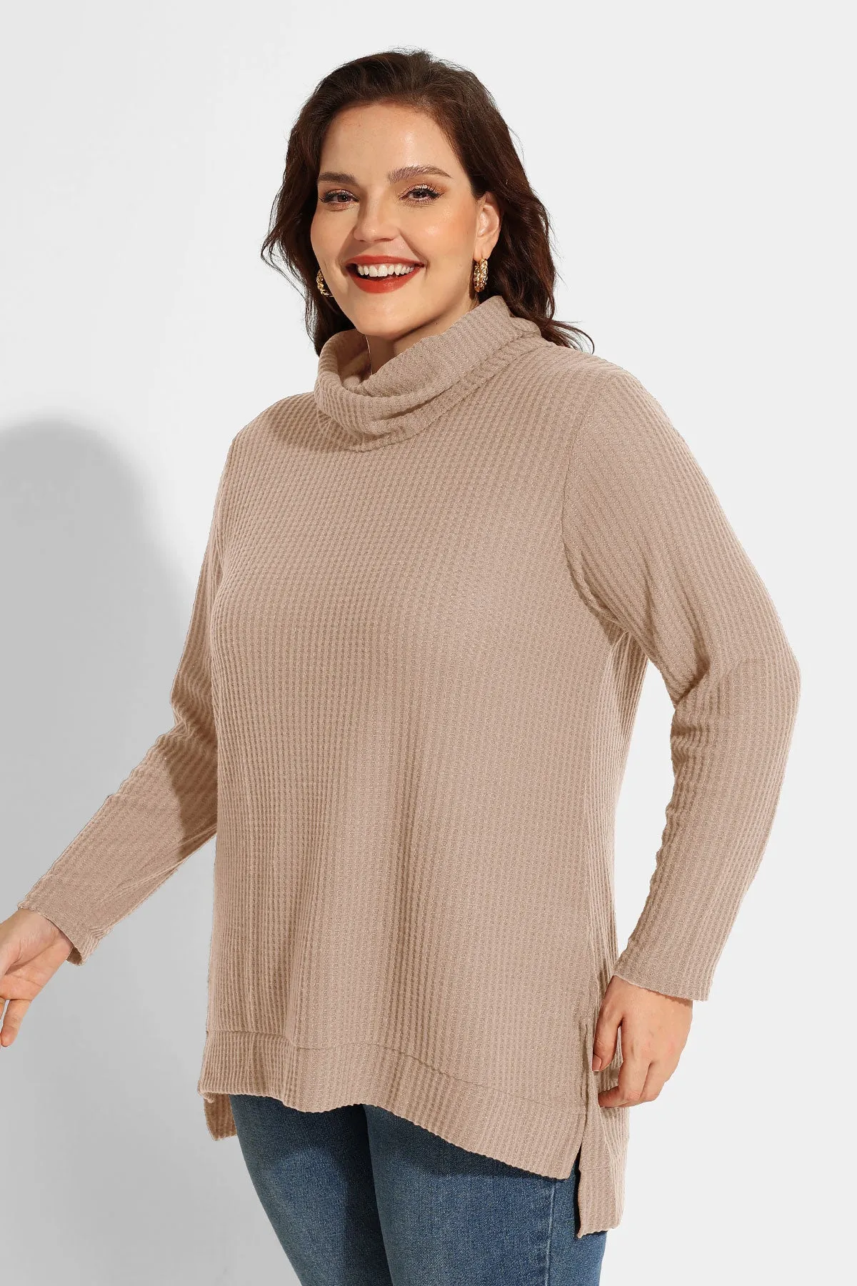 Cowl Neck Split Hem Tunic Long Sleeve Shirt