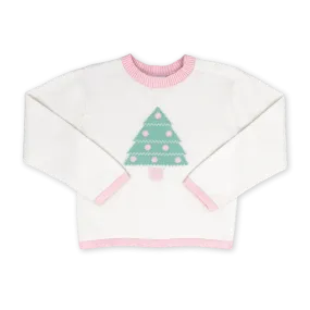 Cozy Up Tree Sweater- Sterling White & Pink