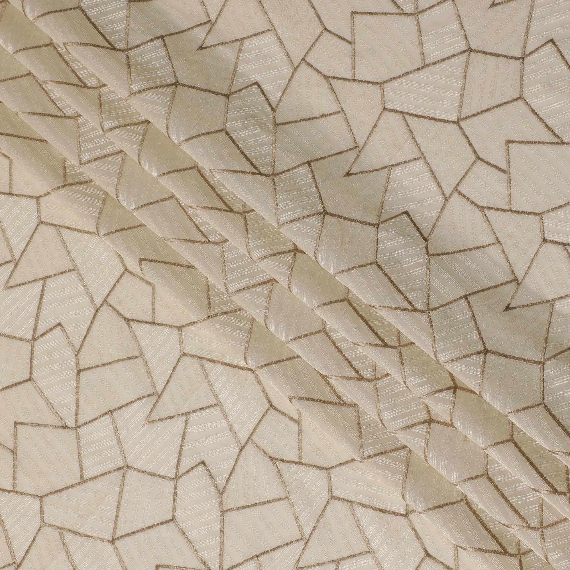 Cream Cotton Voile Fabric with Gold Geometric Embroidery, 110 cm Width-D20110