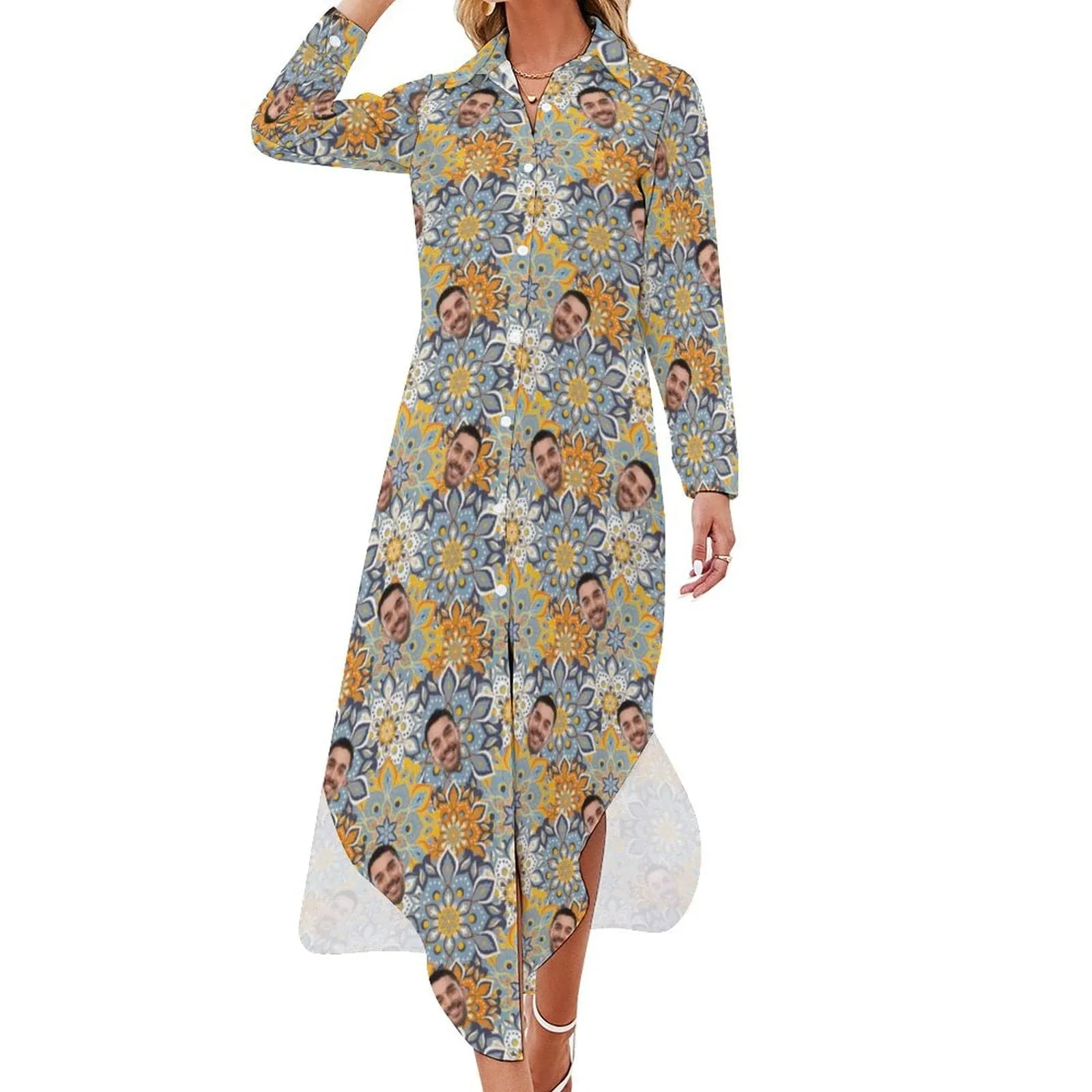 Custom Face Button Down Longline Shirts Yellow Flower Women's Long Sleeved Shirt Dress Casual Loose Maxi Dresses