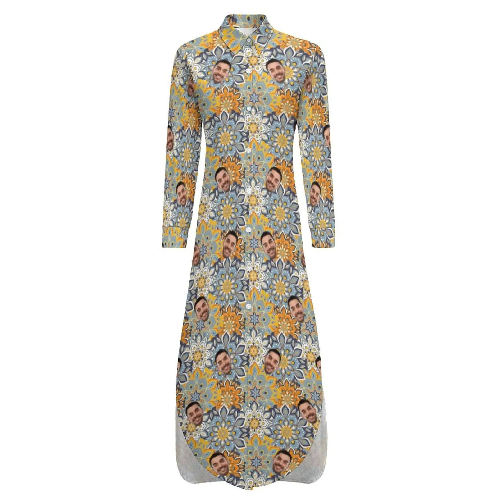 Custom Face Button Down Longline Shirts Yellow Flower Women's Long Sleeved Shirt Dress Casual Loose Maxi Dresses