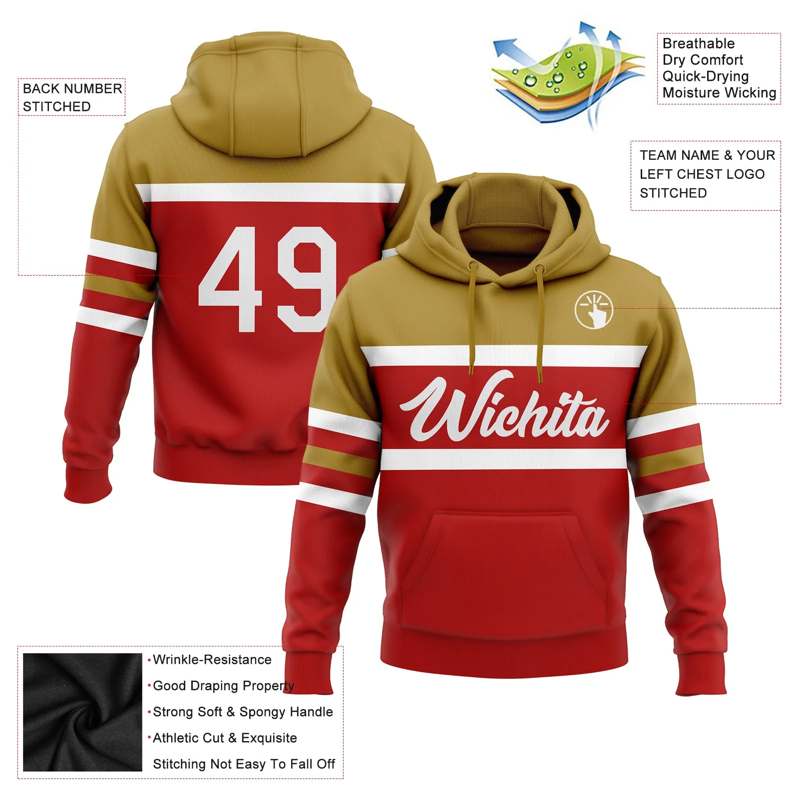 Custom Stitched Red White-Old Gold Line Sports Pullover Sweatshirt Hoodie