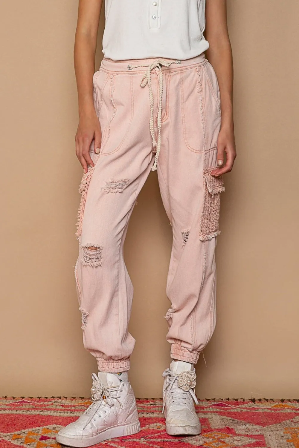 Distressed Cargo Denim Jogger with Crochet Pockets