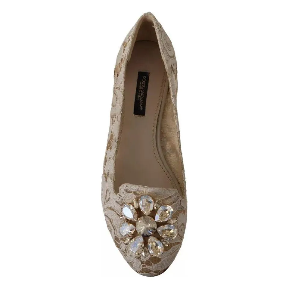 Dolce & Gabbana Beige Lace Crystal Ballet Flats Loafers Shoes