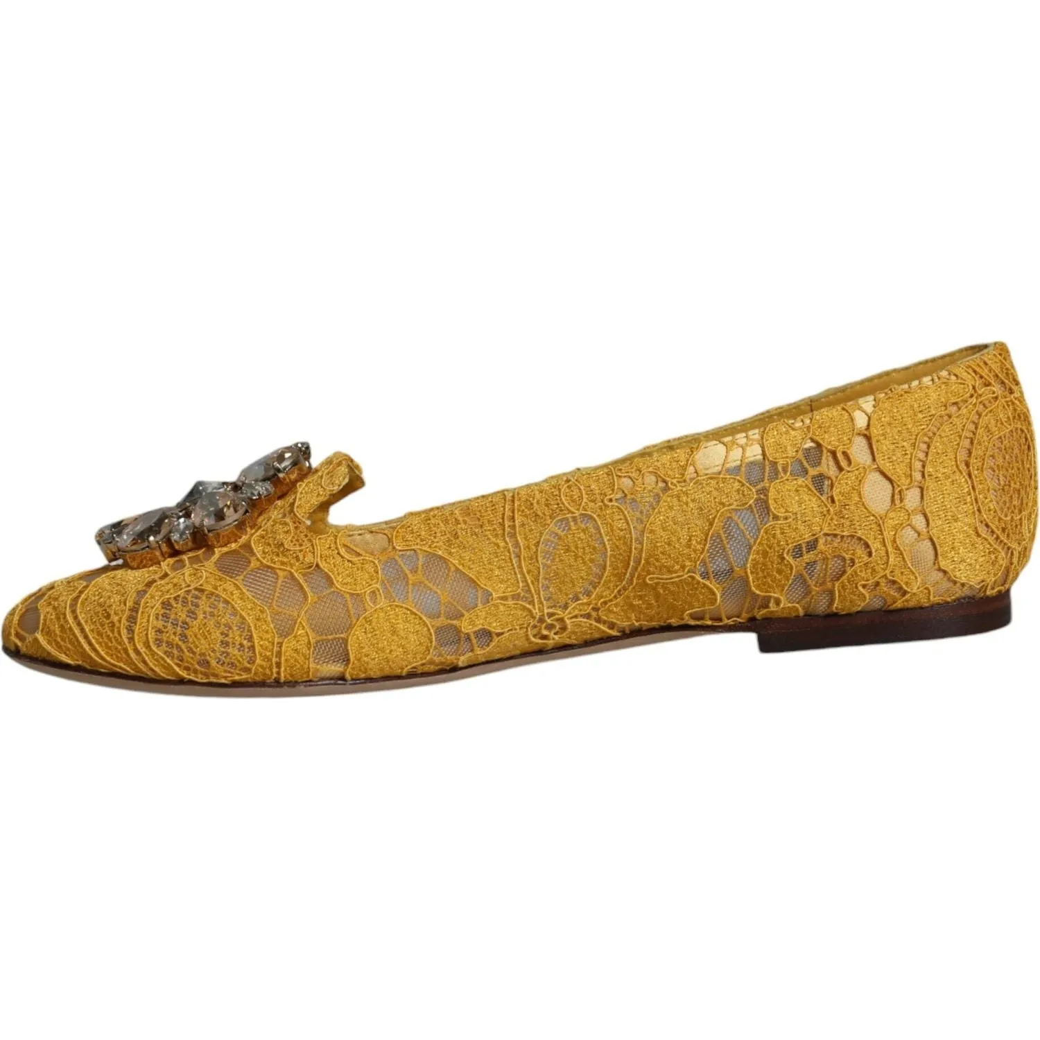 Dolce & Gabbana Mustard Lace Crystal Ballet Flats Loafer Shoes