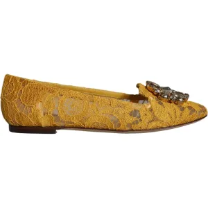 Dolce & Gabbana Mustard Lace Crystal Ballet Flats Loafer Shoes