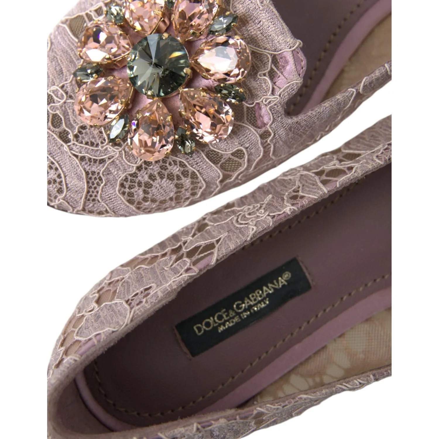 Dolce & Gabbana Pink Lace Crystal Ballet Flats Loafers Shoes