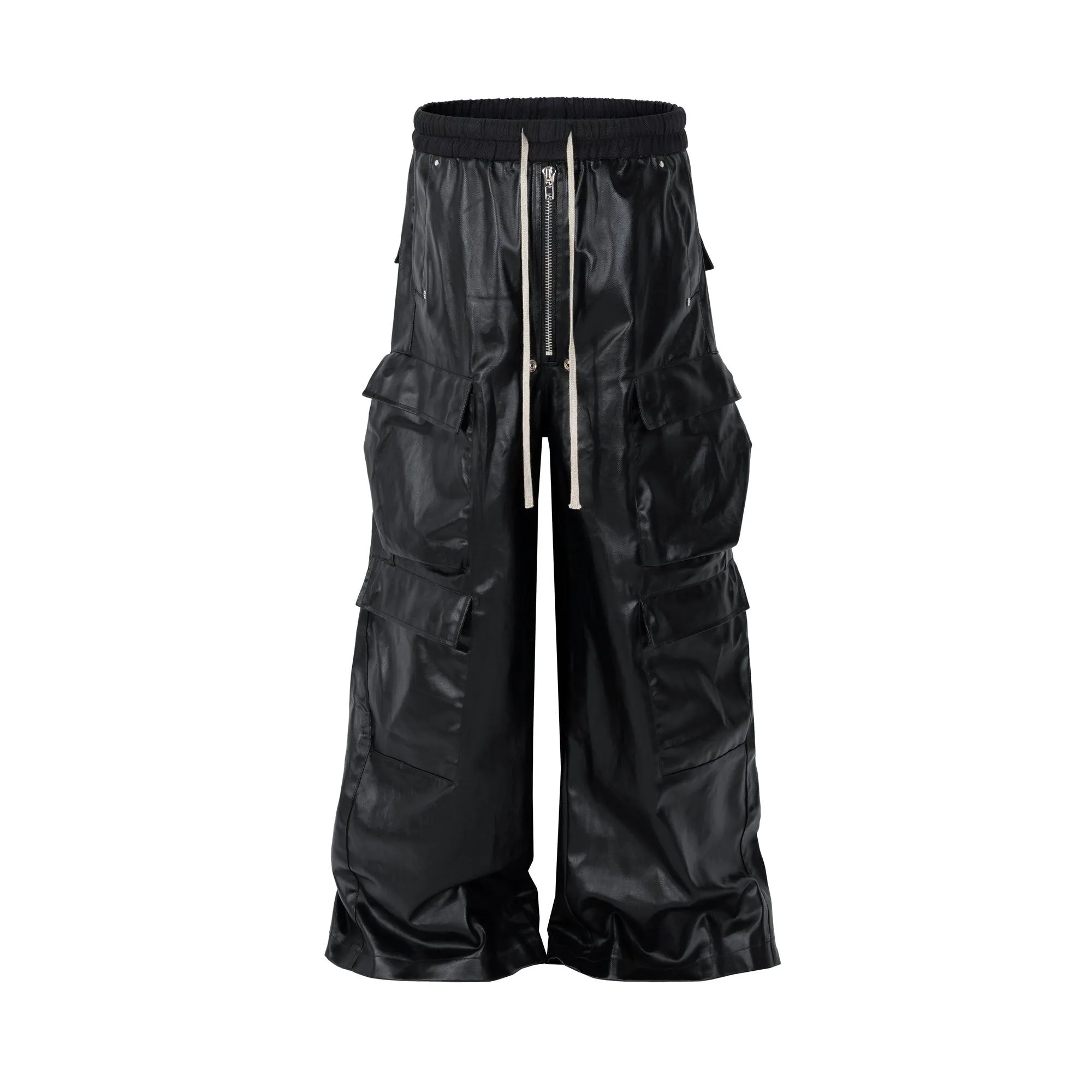 Drawstring Pleats Zip Leather Cargo Pants