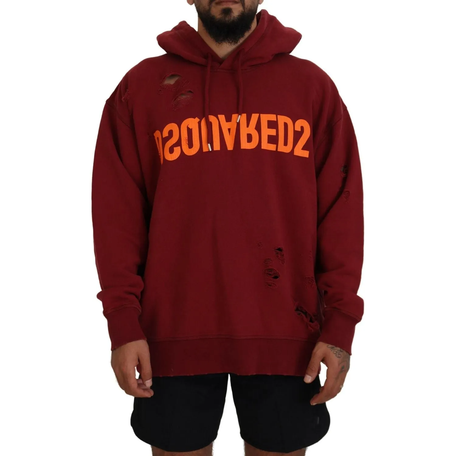 Dsquared² Maroon Cotton Tattered Hooded Printed Pullover Sweater